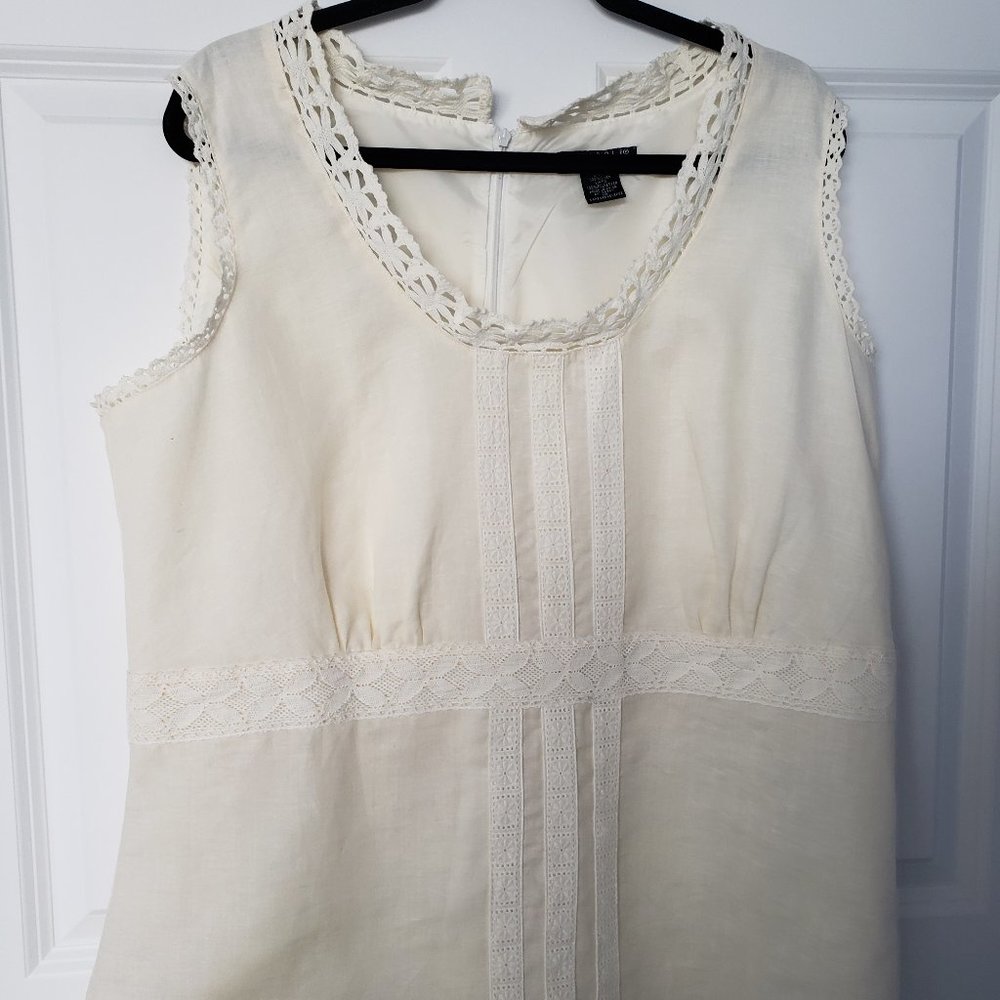 Carole Little 100% Linen Crochet Trim Ivory Tank Top